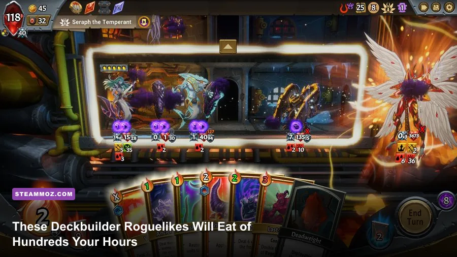 Collage of deckbuilder roguelike games showing card combat screens