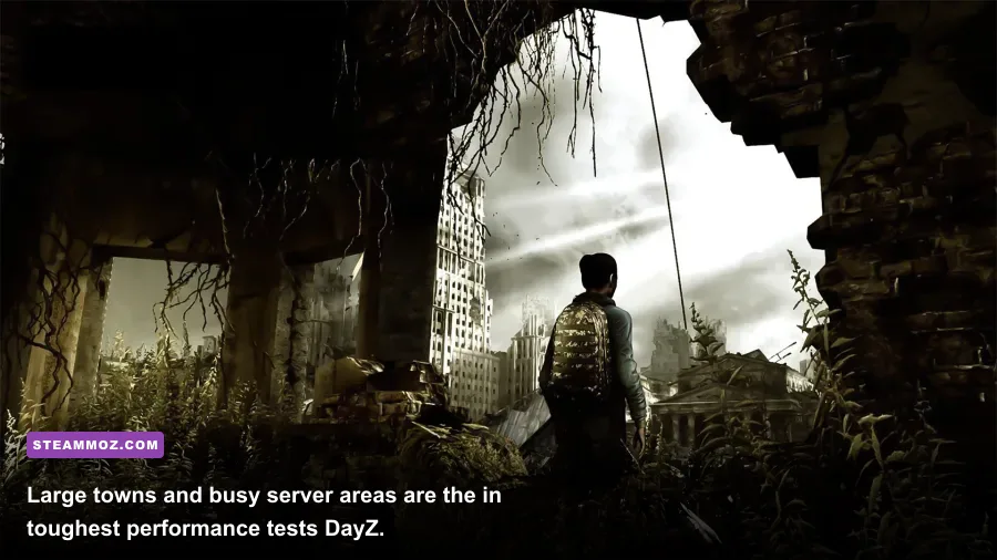 DayZ Chernarus town with dense buildings where CPU stutter and frame drops can occur