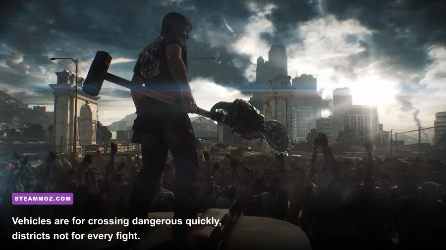Nick Ramos driving through a zombie horde in a vehicle in Dead Rising 3