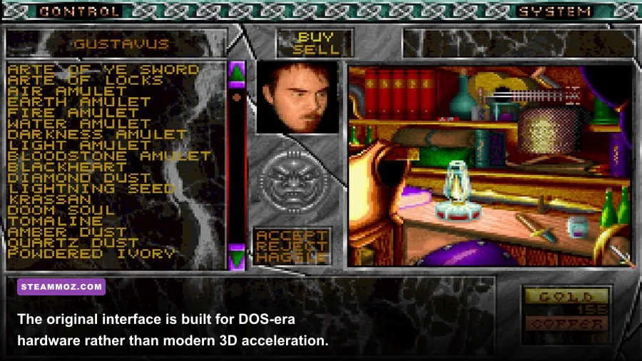 Daemonsgate gameplay interface showing the classic fantasy RPG dungeon view