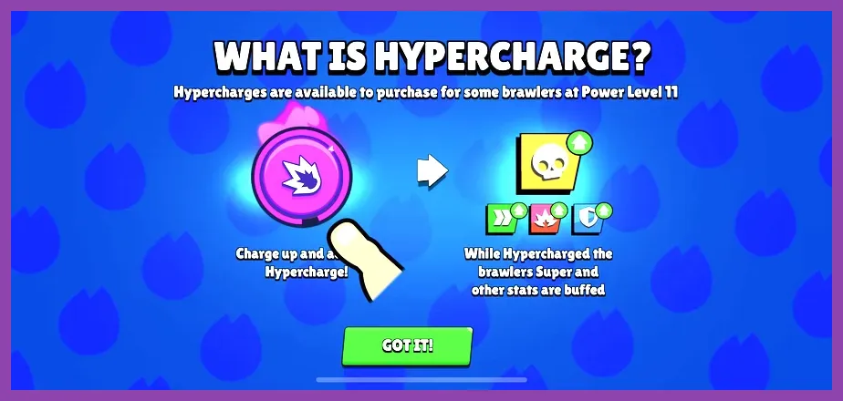 Hypercharge aura glowing around a Power Level 11 Brawler in Brawl Stars