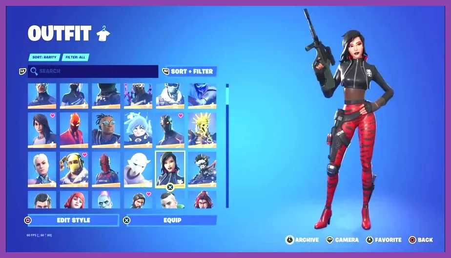 Fortnite locker UI displaying diverse tier character outfits