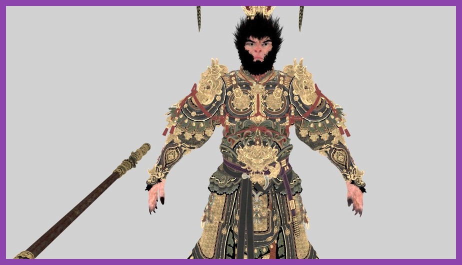 Close-up of Sun Wukong, the main character, in Black Myth: Wukong