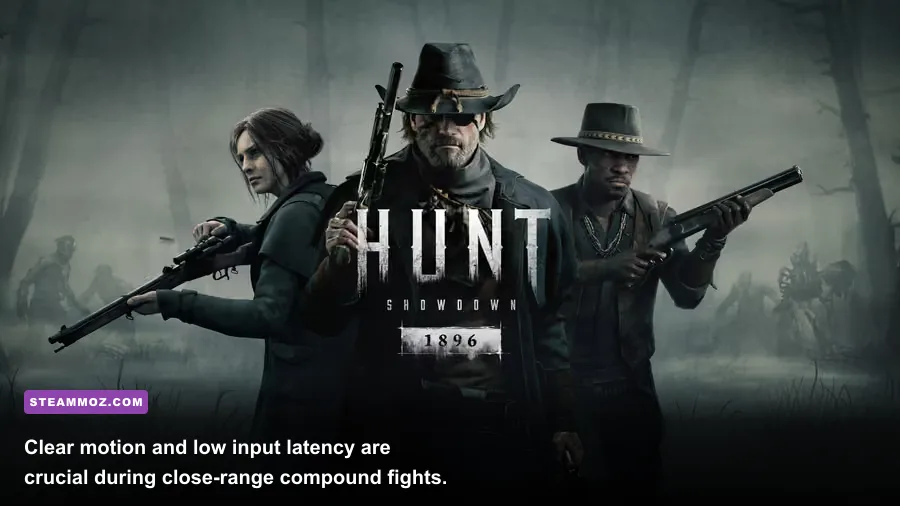 Hunt Showdown 1896 hunters fighting around a wooden bayou compound