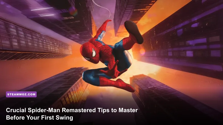 Spider-Man swinging through the New York City skyline in Marvel's Spider-Man Remastered