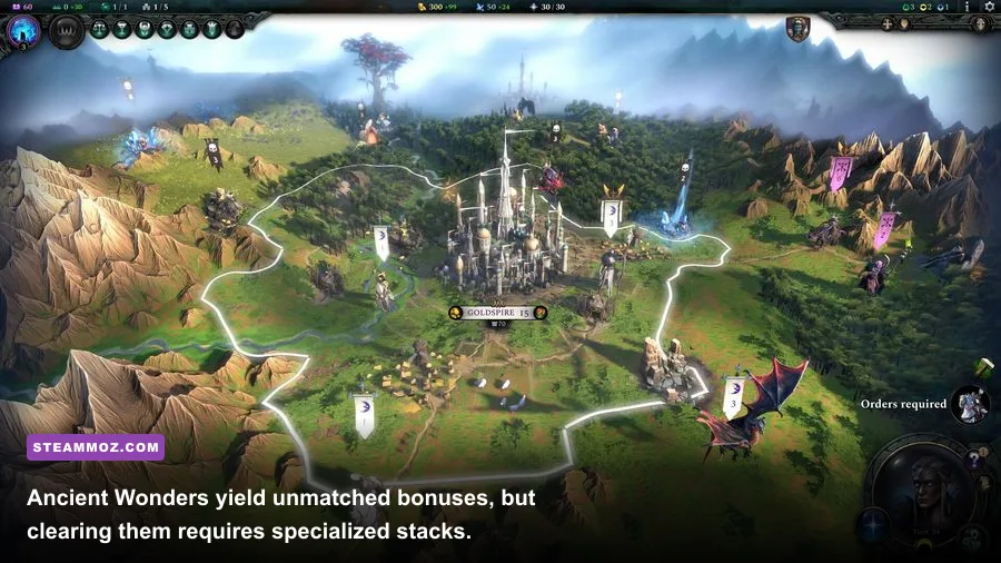 Exploring a high-tier Ancient Wonder node on the Age of Wonders 4 campaign map