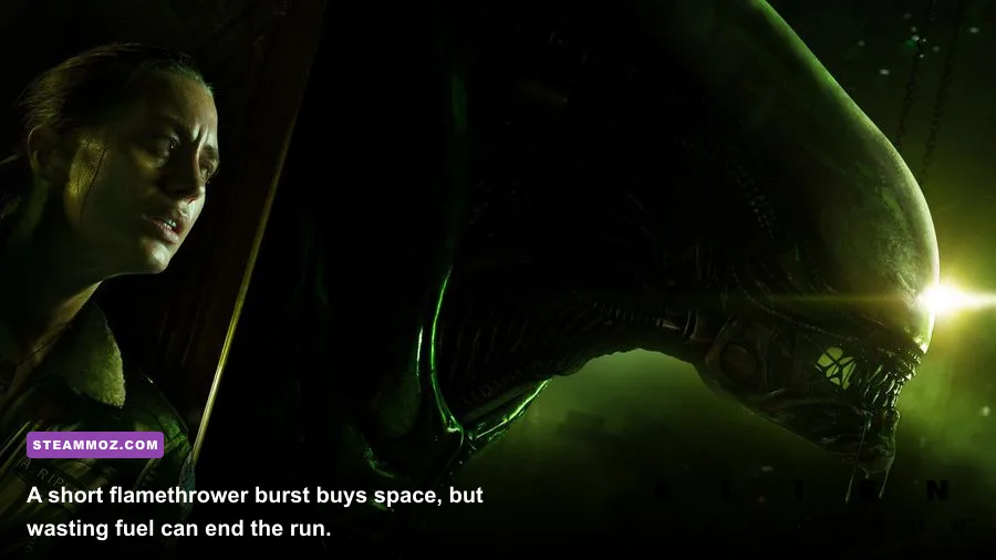 Amanda Ripley using the flamethrower to repel the Xenomorph in Lost Contact
