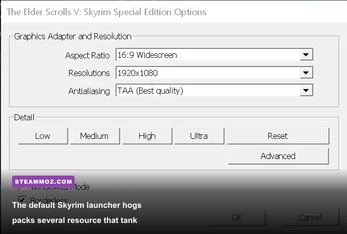 Skyrim Special Edition launcher settings window showing detailed graphics options