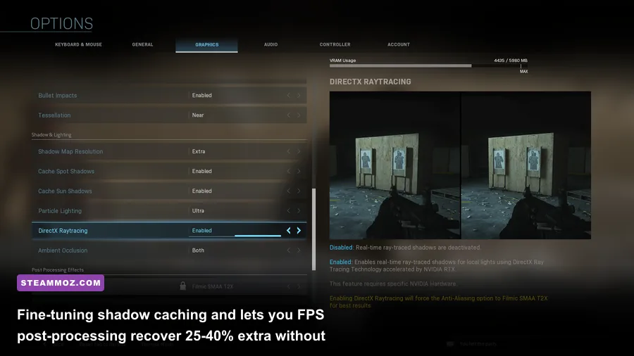 Modern Warfare graphics settings menu displaying shadow and texture adjustments