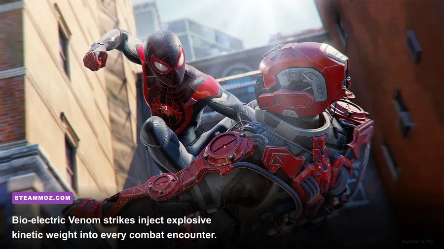 Miles Morales executing a bio-electric Venom Smash against Roxxon guards