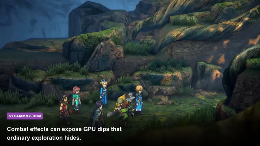 Eiyuden Chronicle Hundred Heroes party combat scene with visual effects on PC