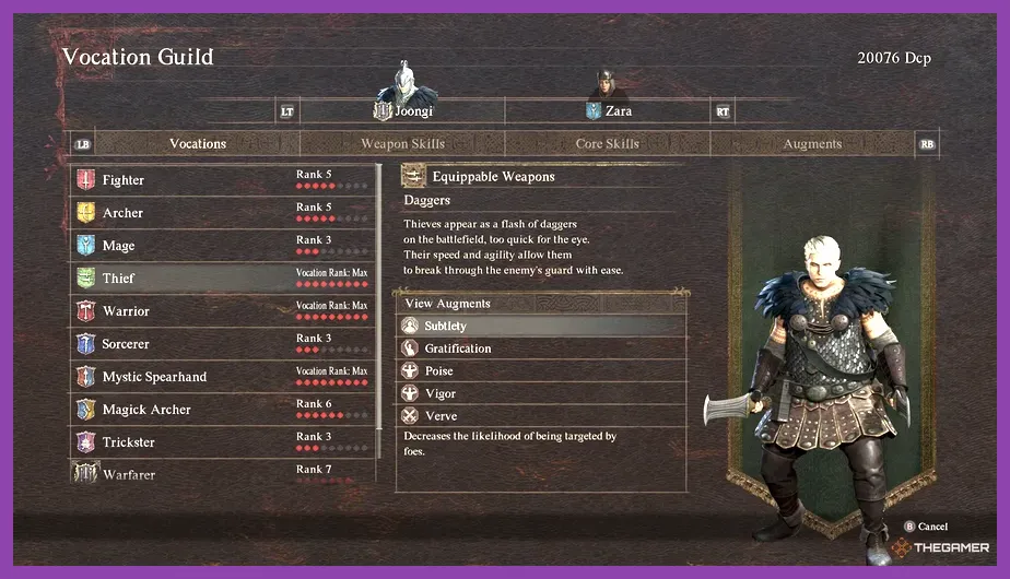 Character customizer showing Vocation Augments in Dragon's Dogma 2