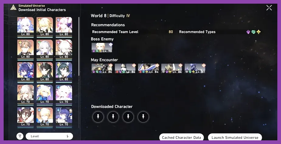 Honkai Star Rail Simulated Universe hub interface