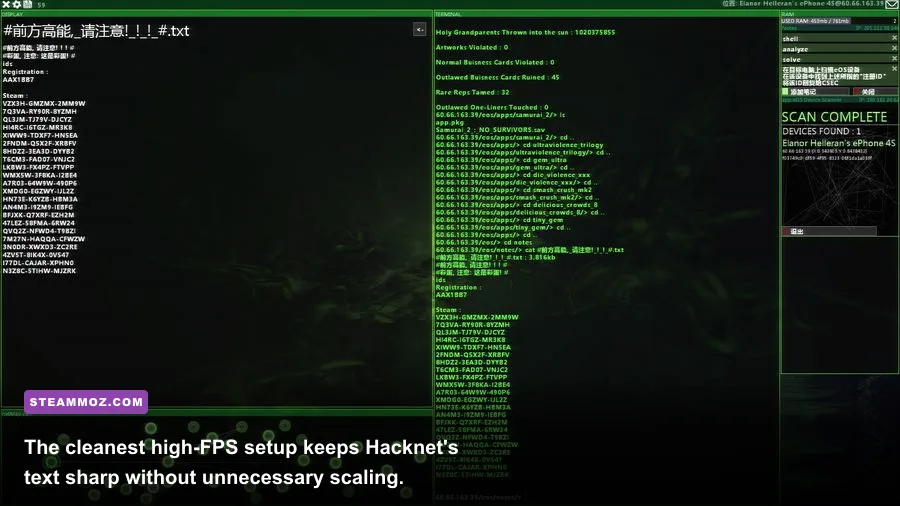 Hacknet green terminal text and command output on a black screen