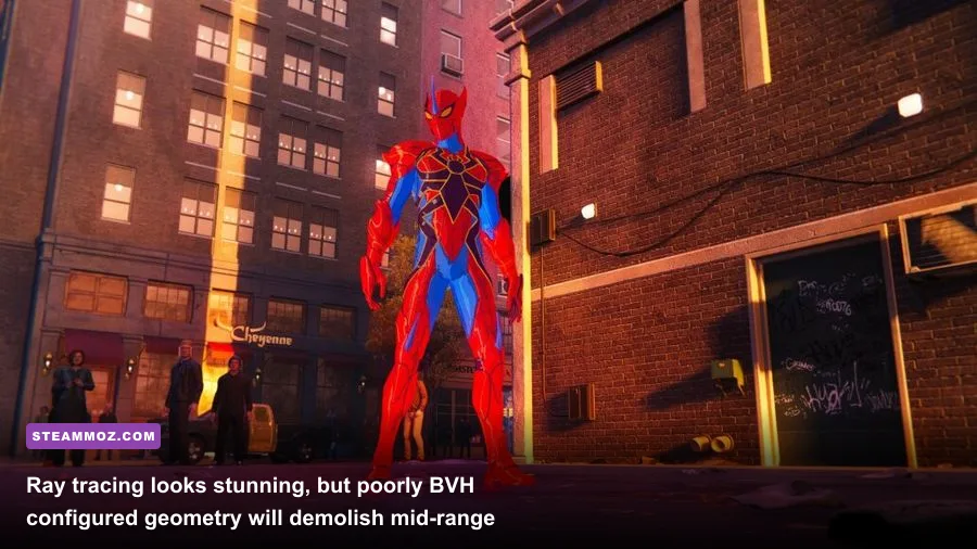 Ray-traced reflections on wet streets and glass skyscrapers in Spider-Man Remastered PC