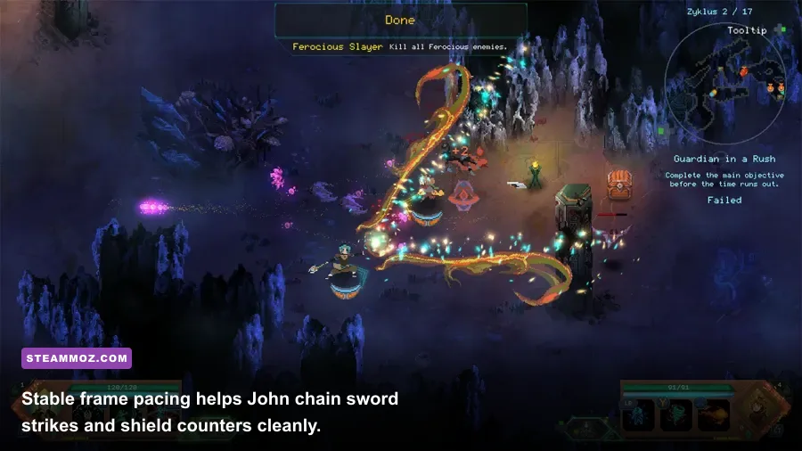 John using sword attacks in Children of Morta dungeon gameplay