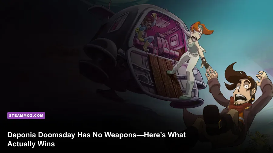 Rufus standing in the ruined Deponia wasteland in Deponia Doomsday