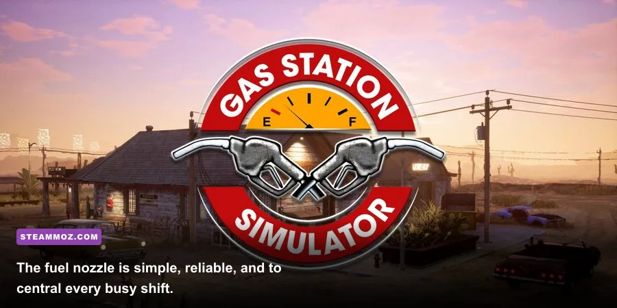 Gas Station Simulator player using the fuel nozzle beside a customer vehicle