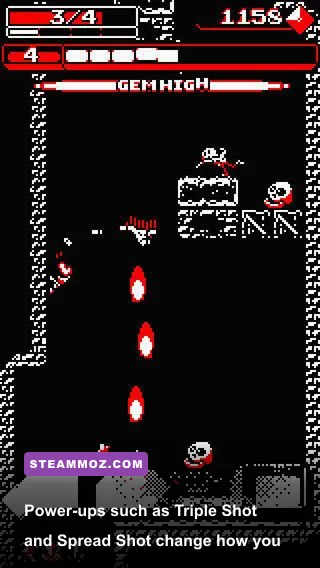 Downwell shop and power-up choices during a pixel-art run