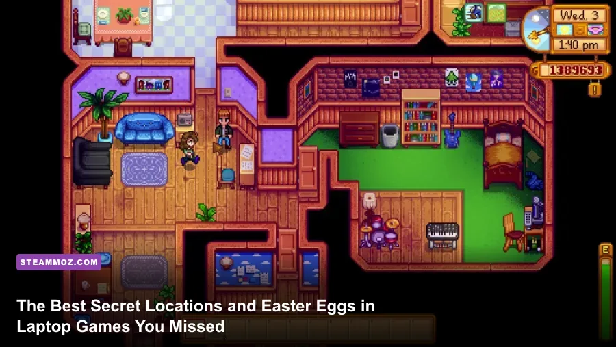 Collage of laptop-friendly PC games featuring secret locations and Easter eggs