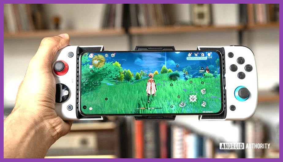 Genshin Impact played on smartphone with physical mobile controller attached