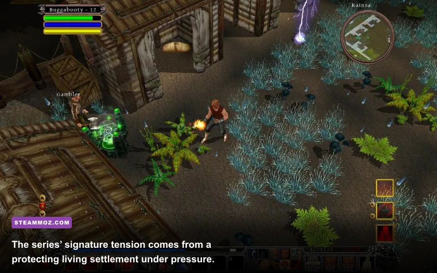 Din’s Curse town defense gameplay with monsters attacking NPCs