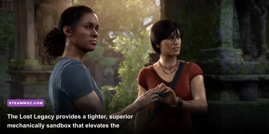 Chloe Frazer and Nadine Ross overlooking the sprawling Western Ghats waterfalls in The Lost Legacy
