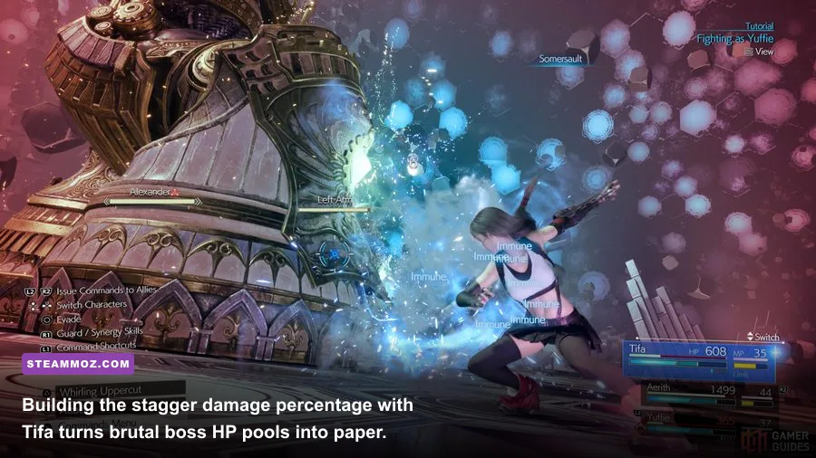 Tifa Lockhart delivering stagger-boosting martial arts strikes to an enemy in FF7 Remake