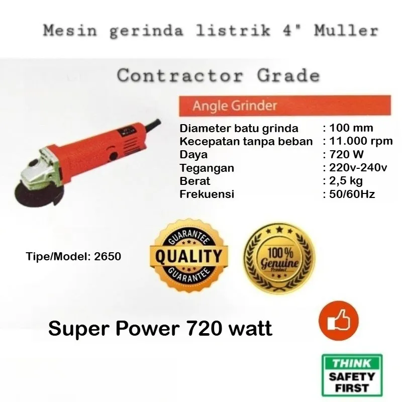 Mesin gerinda gurinda Angle Grinder Heavy duty 4Inch MULLER tipe 2650 / Mubeo Adller Angle Grinder Model 2650