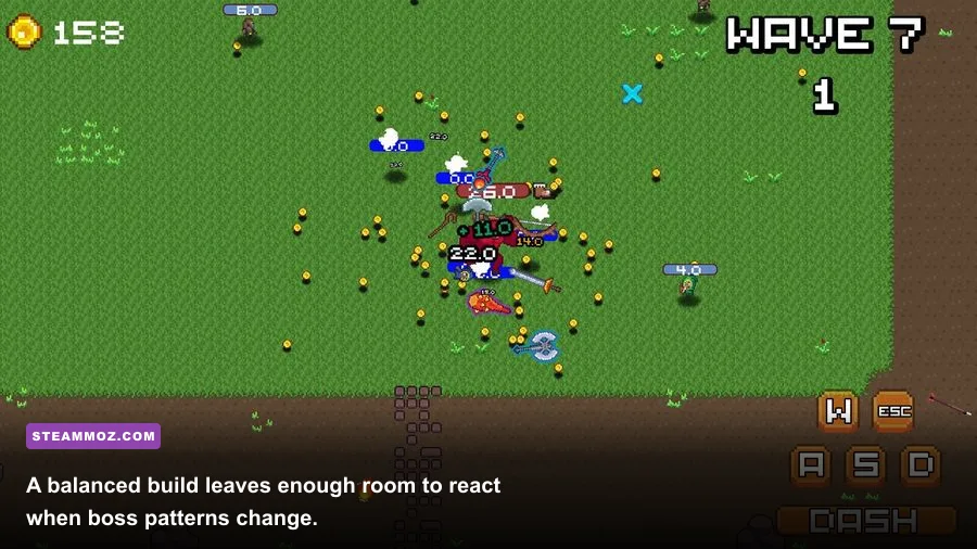 Bottle beginner build facing an early boss in a combat arena