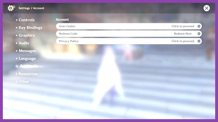 In-game Paimon menu showing Account settings and Redeem Code button