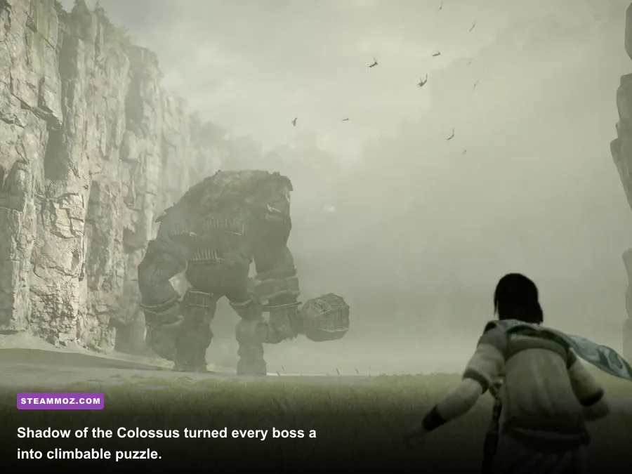 Wander climbing a massive colossus in Shadow of the Colossus