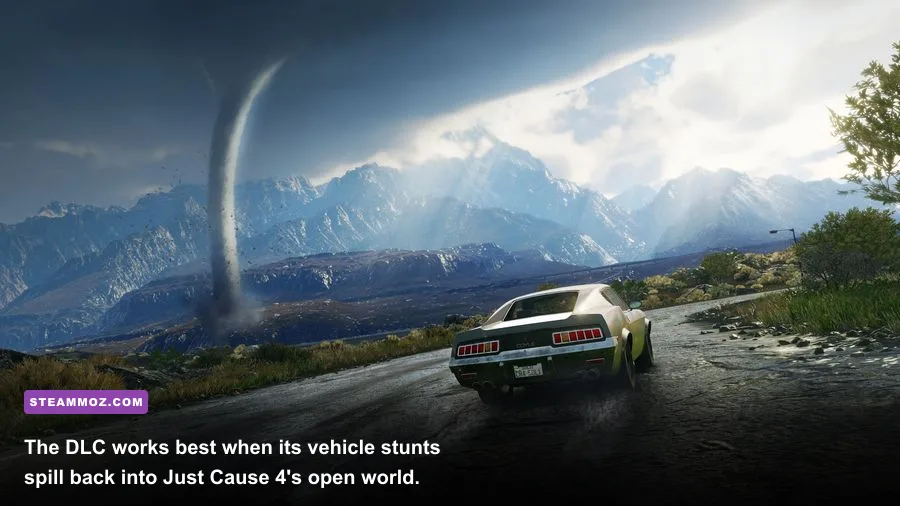 Rico Rodriguez launching from a vehicle stunt arena in Just Cause 4