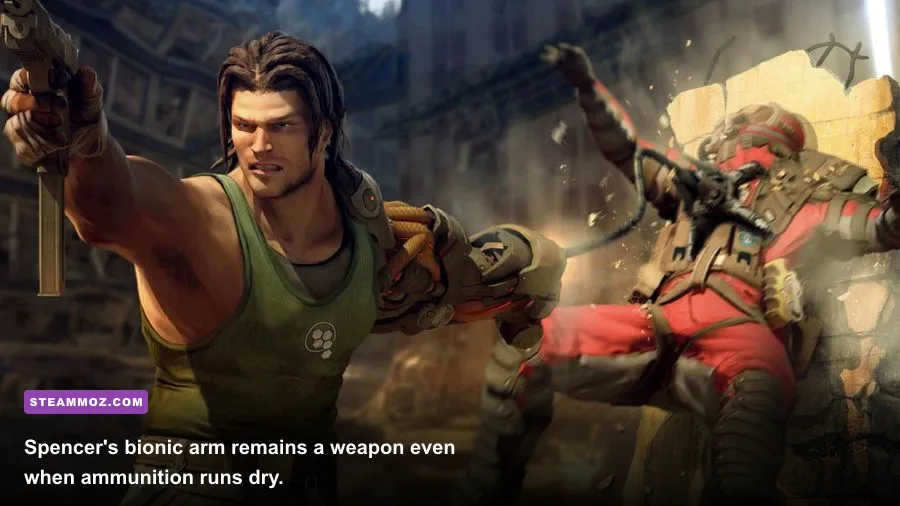 Nathan Spencer using the bionic arm punch in Bionic Commando