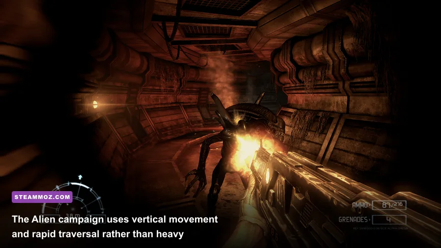 Aliens vs Predator 2010 Alien campaign wall crawling through a dark industrial room