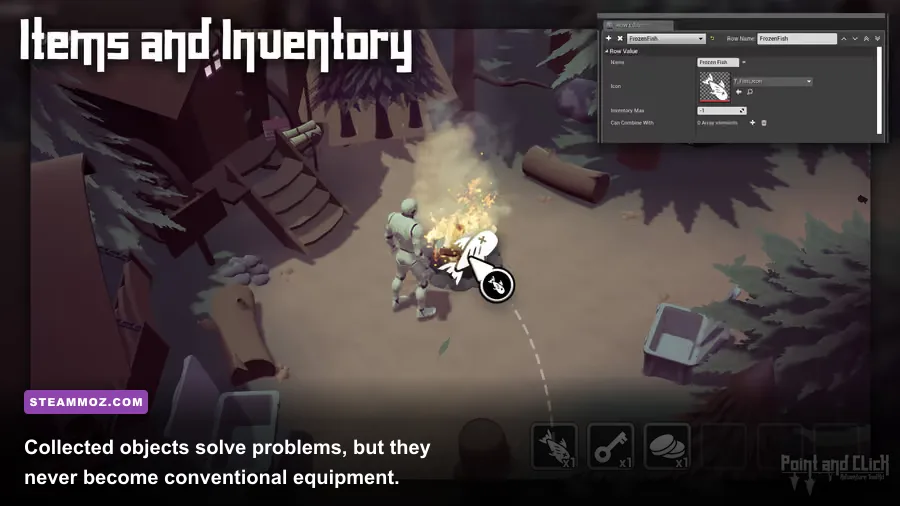 Dropsy inventory interface showing collected adventure items