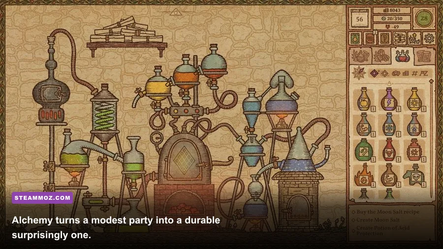 The alchemy screen in Darklands showing potion ingredients and recipes