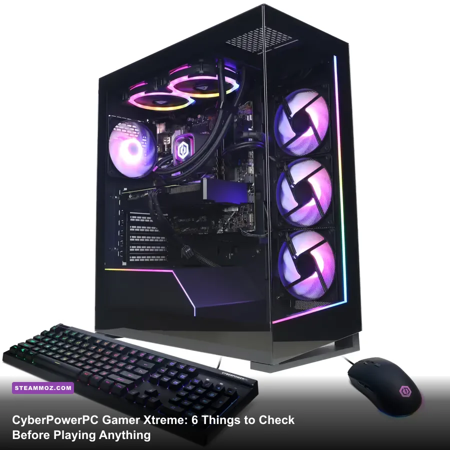 CyberPowerPC Gamer Xtreme prebuilt gaming desktop lit with RGB fans on an esports desk setup