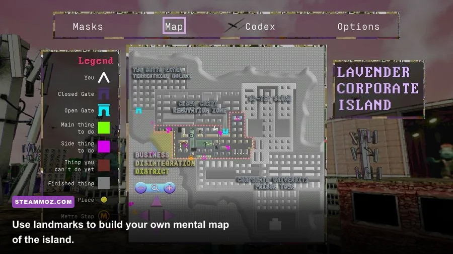 Escape From Lavender Island exploration map showing landmarks and island routes