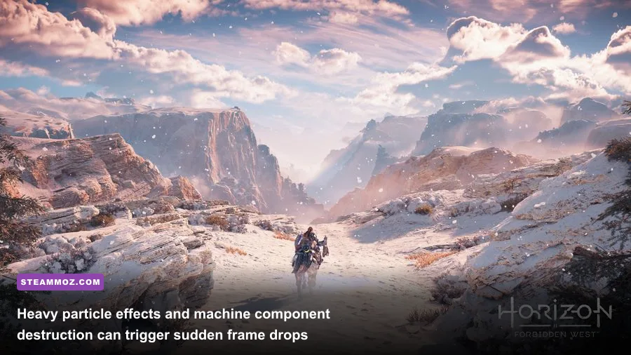 A massive mechanical Tremortusk attacking Aloy across snowy terrain in Horizon Forbidden West