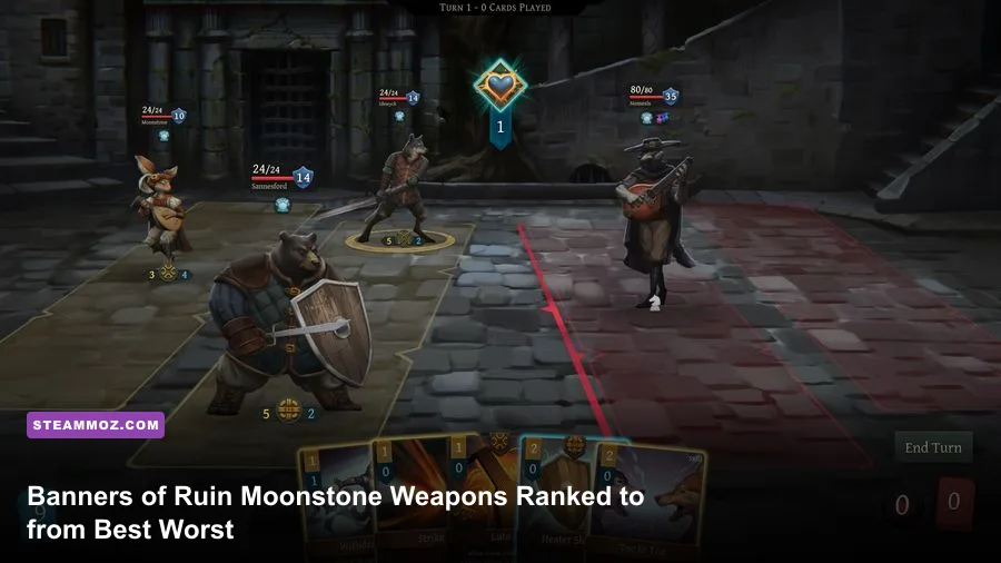 Banners of Ruin combat screen showing party members and equipment cards