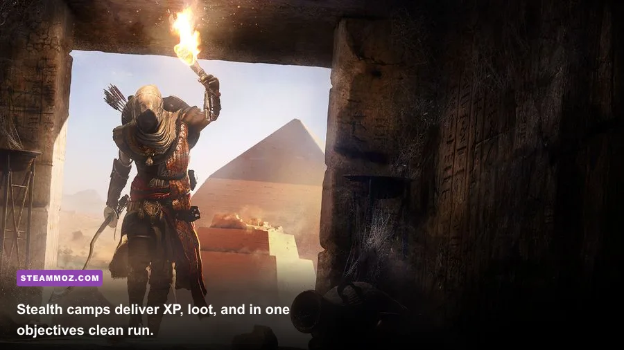 Bayek using stealth to clear a bandit camp at night in Assassin's Creed Origins