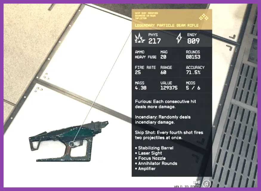 Player firing a customized Va'Ruun Inflictor rifle in Starfield