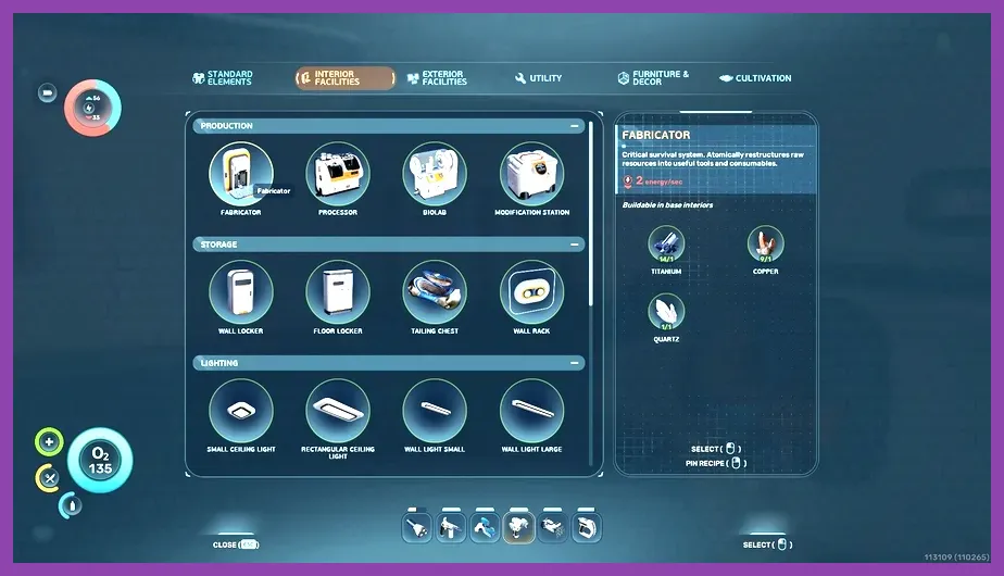 Fabricator interface showing early game equipment crafting in Subnautica 2