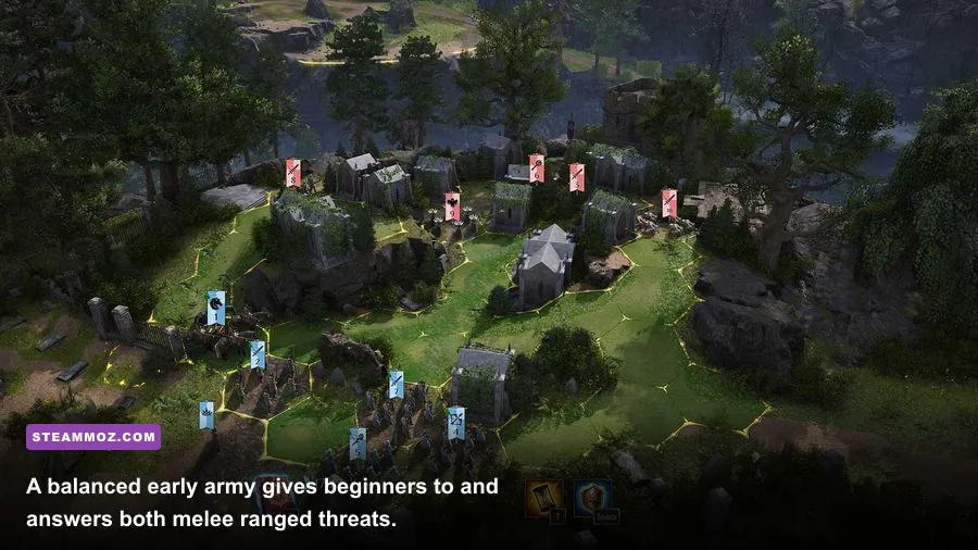 Early-game units fighting on a King's Bounty II battlefield