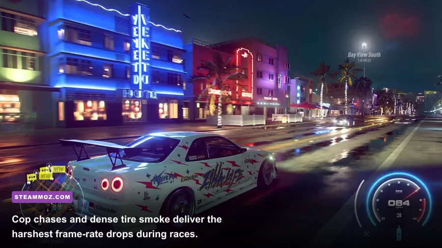 High speed street racing scene with multiple police cars in Need for Speed