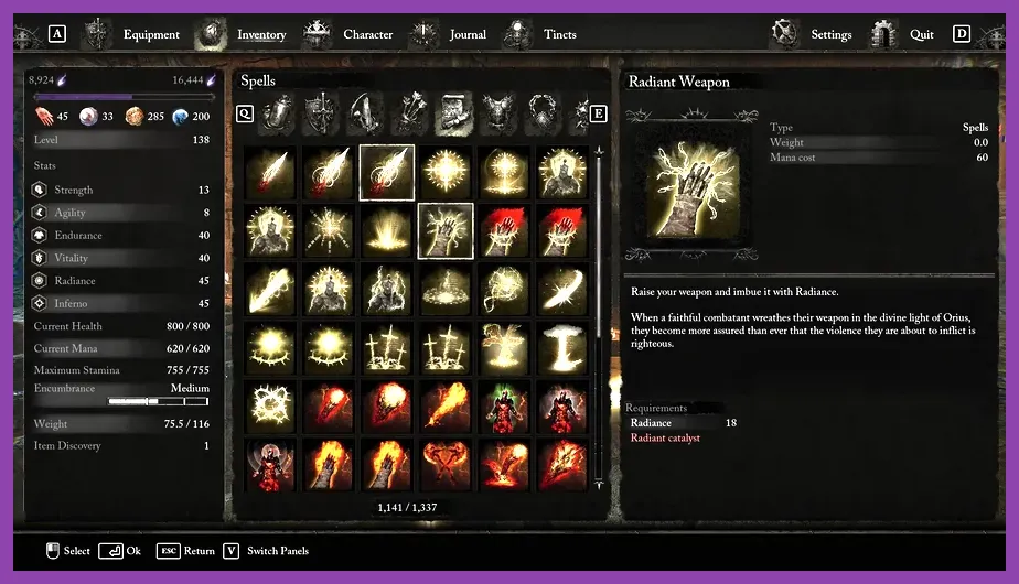Equipping high-tier Radiant weapons and catalysts in Lords of the Fallen
