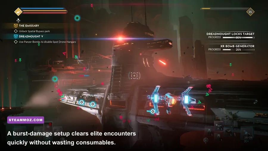 EVERSPACE 2 player ship using weapons and devices during Titans DLC combat