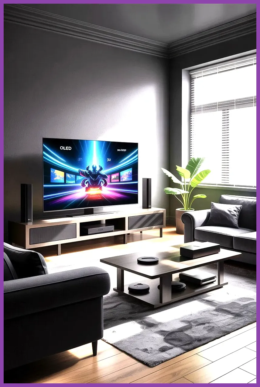 Modern gaming room with vibrant screen showing high end RPG