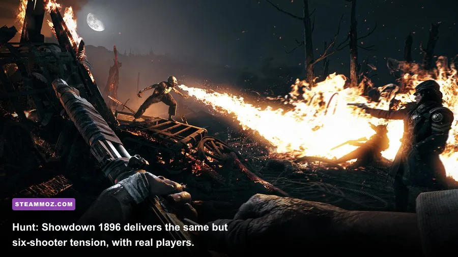 A hunter approaching a burning bayou compound in Hunt Showdown 1896